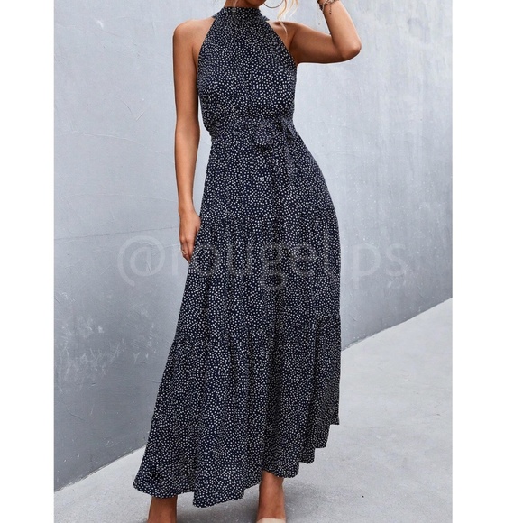 Navy Blue Polka Dot Halter Maxi Dress Tie Belt Long Flared High Neck Sleeveless - Picture 5 of 10